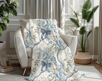 Blue Floral Chinoiserie Velveteen Plush Blanket | Vintage Botanical Throw