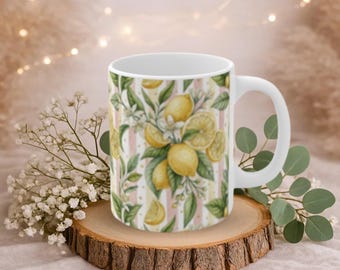 Lemon Floral Ceramic Mug, Watercolor Citrus Botanical Cottagecore Cup