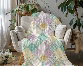 Pastel Patchwork Quilt Pattern Velveteen Plush Blanket | Floral Diamond Patch Throw