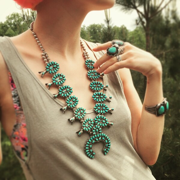 Incredible Vintage Navajo Squash Blossom Native American Estate Necklace by artist J. M. Begay