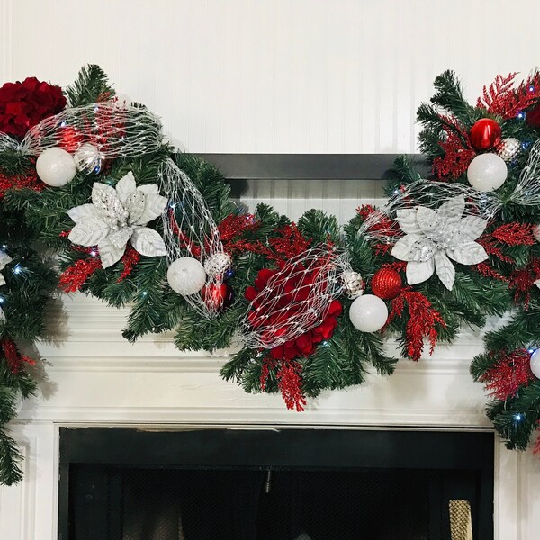 Christmas Garland. 9'x14" Battery lights with 7 settings, chasing, twinkling, Christmas Mantle, Silver Poinsettias