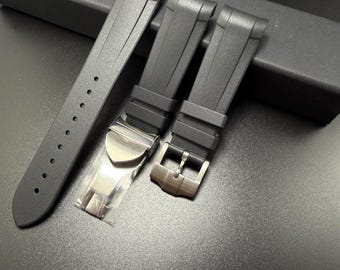 Tudor Black Bay GMT Chrono - Black Curved End FKM Rubber Strap with Silver Clasp