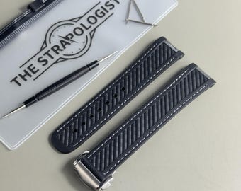 Omega Aqua Terra Black White Rubber Watch Strap: White Stitching, Stainless Steel Clasp, 20mm