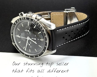 Racing Style Leather Watch Strap with deployment clasp: Fits Omega, Seiko, Tag Heuer, Rolex and most other brands