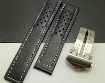 Cinturino da corsa in pelle traforata per orologio TAG Heuer - Bianco e nero 19/20/22 mm