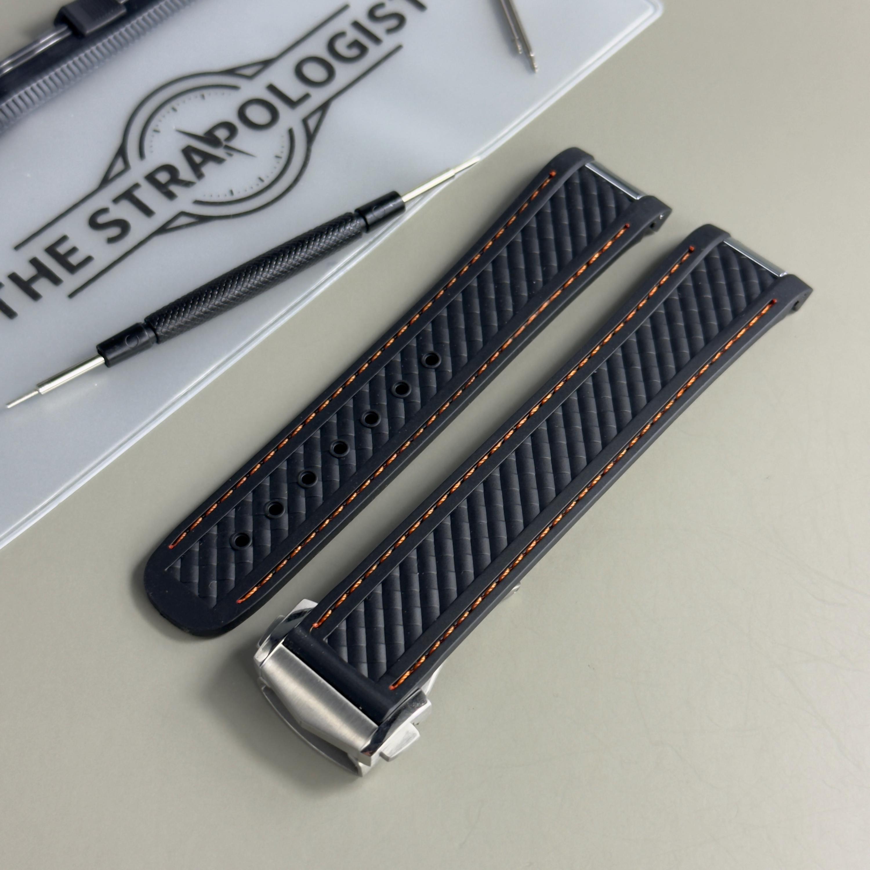 Omega Aqua Terra Black Orange Rubber Watch Strap: Silver Clasp