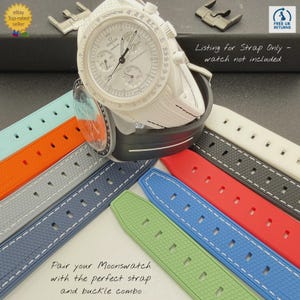 May include: An Omega Speedmaster watch with a white strap is shown with a selection of colourful watch straps. The straps are in shades of blue, green, red, and grey. The text "Listing for Strap Only - watch not included" is visible.