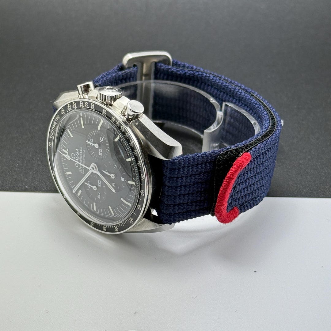 Omega Speedmaster Moonwatch Single Pass Watch Strap Blue / Red Omega Speedmaster Moonwatch Single Pass Watch Strap Blue / Red