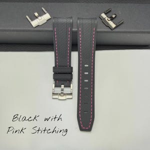 Black Rubber Watch Strap: Pink Stitching, 20mm Moonswatch Band