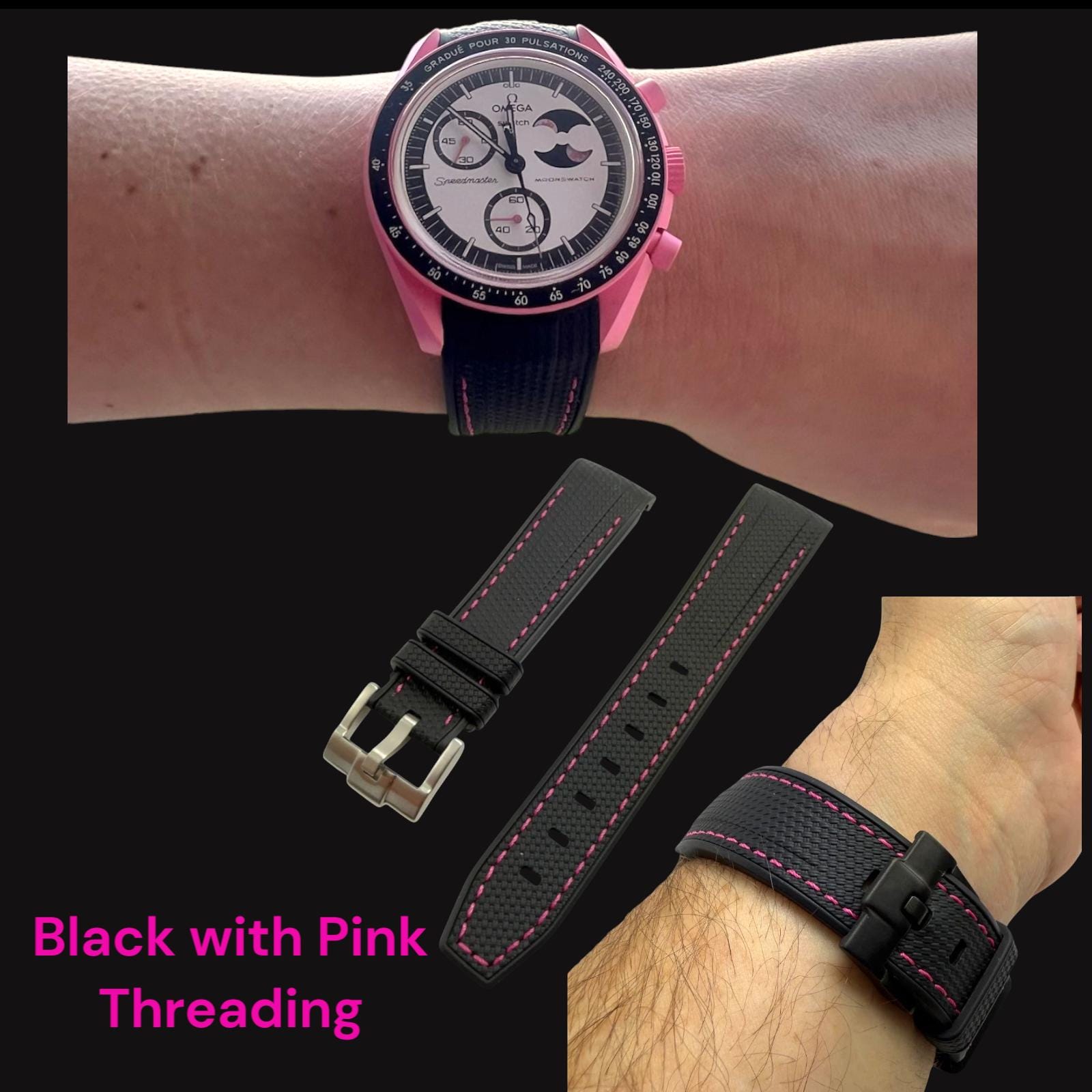 Black / Pink Watch Strap for Swatch MoonSwatch Mission to the Pink Moonphase 20mm - Fits all variations of Moonswatch