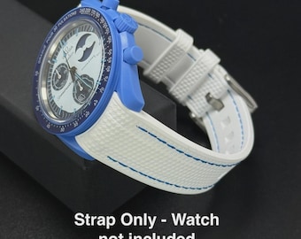 Correa de reloj de caucho MoonSwatch - Blanca y azul, 20 mm de ancho