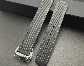 Omega Aqua Terra Kautschukarmband schwarz: weiße Naht, Edelstahl-Schließe, 20 mm