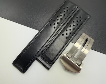 タグホイヤー用 ブラックレザー パンチング加工 レーシングウォッチストラップバンド 19mm 20mm 22mm