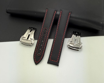 Correa de reloj de lona negra y roja: cierre desplegable de 19 mm, 20 mm, 21 mm y 22 mm. Compatible con Omega, Tudor, Seiko, Rolex, Breitling, TAG Heuer y más.