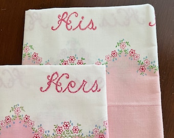 Vintage 50s-60s His and Hers Pink Border Printed Pillow Case Set New Old Stock
