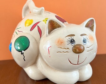 Vintage 70s Hand Painted Mexican Chalkware Happy Cat Bank