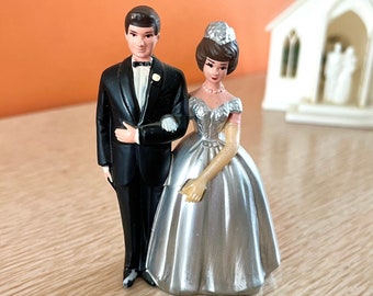 Vintage 50s-60s 25th Anniversary Small Plastic Bridal Couple Cake Topper