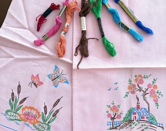 Two Vintage 40s Preprinted Pink Towel Panels with Embroidery Floss