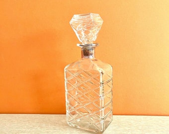 Vintage Mid Century Cut Glass Decanter with Corked Stopper