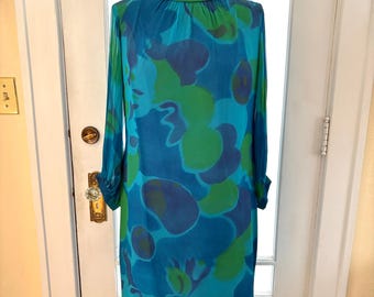 Vintage 60s Lined Chiffon Blue and Green Abstract Print Party Dress