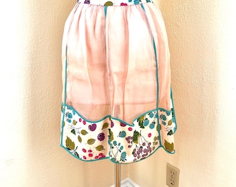 Vintage 50s-60s Peachy Pink Organdy Apron with Berry Fabric Trim