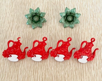 Vintage 40s-50s Curtain Tie Back Pins - Red Teapots or Green Flower Choice