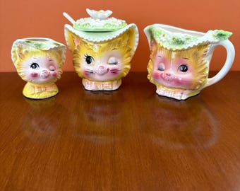 Vintage 60s Enesco Japan Anthropomorphic Miss Priss Winking Kitty Sugar, Creamer and Toothpick Holder Set