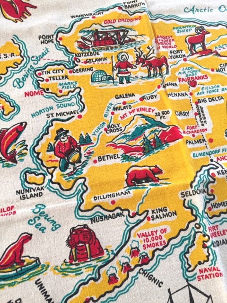 Vintage 1950s Alaska State Souvenir Tablecloth