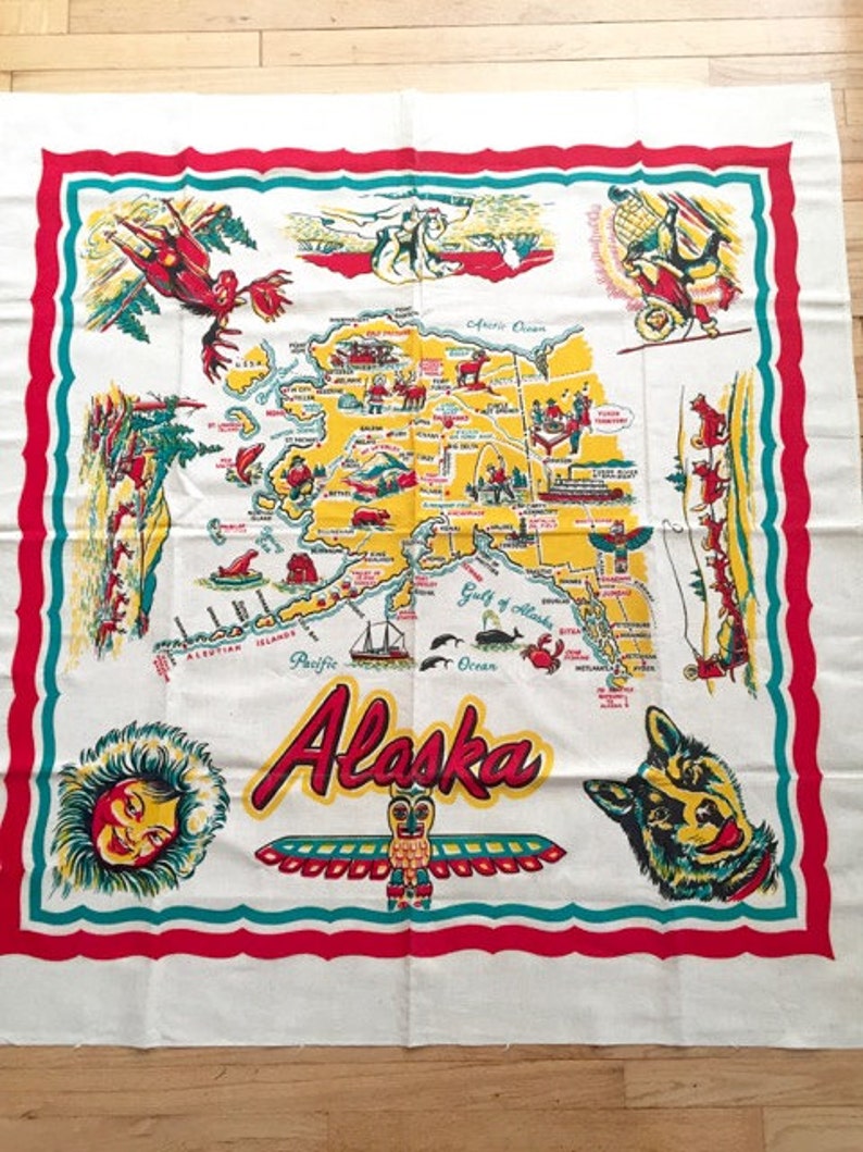 Vintage 1950s Alaska State Souvenir Tablecloth