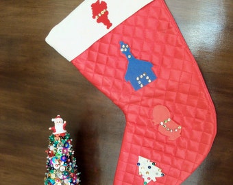 Vintage 1960s Red Quilted Satin and Corduroy Christmas Stocking