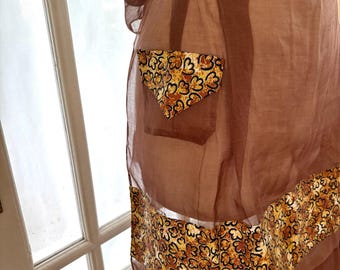Vintage 60s-70s Fabric Trimmed Brown Organdy Half Apron