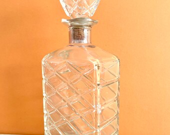 Vintage Mid Century Cut Glass Decanter with Corked Stopper