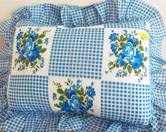 Vintage 70s Blue Roses and Gingham Pillow Sham - New With Tags