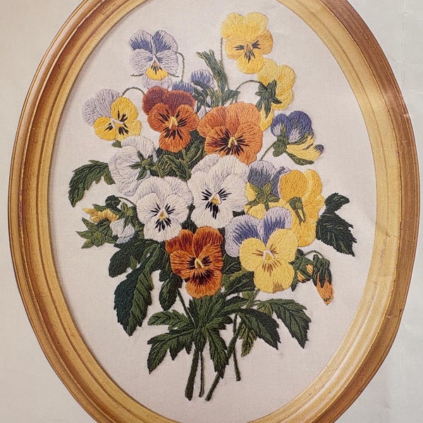Vintage 1976 Columbia Minerva "Pansies" 12 x 16" Crewel Kit
