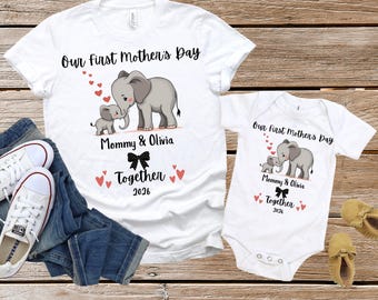 Custom Name Our First Mother's Day Shirt, Matching Personalized Mommy and Me Shirts, New Mom Elephant Shirt, First Mothers Day Gift