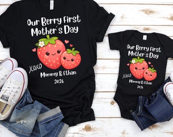 Custom Name Our First Mother's Day Shirt, Matching Personalized Mommy and Me Shirts, New Mom Strawberry Shirt, First Mothers Day Gift