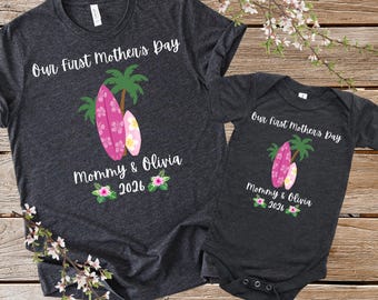 Custom Name Our First Mother's Day Shirt, Matching Personalized Mommy and Me Shirts, New Mom Surfboard Shirt, First Mothers Day Gift