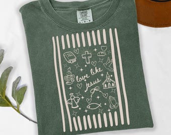 Comfort Colors® Love Like Jesus Doodle Stripe Shirt, Christian Clothes, Religious Shirt, Christian Gift Tee, Christian Mom Gift, Jesus Shirt