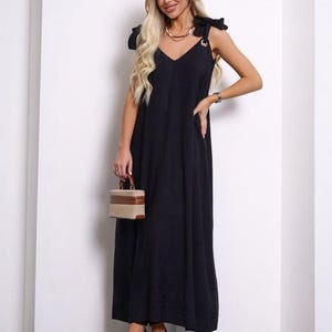 Black Linen Dress for women, Linen Dress with ties, Plus Size