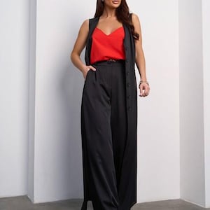 Black Women’s Trendy Suit, Plus Size, Long Vest & Wide-Leg Pants Set, Chic Two-Piece Outfit for special occasion -prom, wedding, birthday