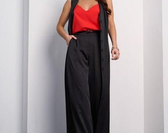 Black Women’s Trendy Suit, Plus Size, Long Vest & Wide-Leg Pants Set, Chic Two-Piece Outfit for special occasion -prom, wedding, birthday