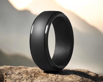 Men's 8mm Silicone Ring, Black or Dark Grey, Wedding Band, Step Edge Design, Versatile and Breathable Material, Active Lifestyle
