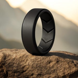 Men&#39;s Black Silicone Ring: 8mm Chevron Groove Wedding Band