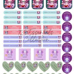 Waterproof Axolotls Sticker Labels: Back to School, Custom Name