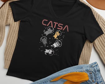 NASA Cats in Space V Neck Shirt: Soft Combed Cotton T-Shirt