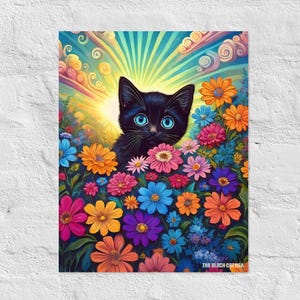 Art Print, zwarte kat in bloemen, bloemsierkunst, kunst aan de muur, giclee, The Black Cat USA, The Black Cat, Cartoon Cat, gicleeprint