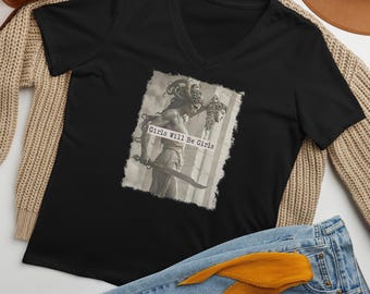 Medusa Shirt, Mädchen werden Mädchen V-Ausschnitt, weiche gekämmte Baumwolle T-Shirt