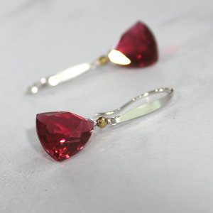 Red Earrings, Red Quartz Earrings, Sterling Silver Earrings, Red AAA Quartz Dangle, Silver Gold Earrings, Ruby Red, Red Trillion - Sangria