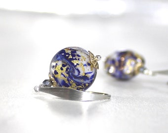 Blue Earrings, Italian Murano Glass, Venetian, Petite, Gold Silver Mixed Metal, Sterling Silver, Blue White Gold Swirl, Light- World of Blue