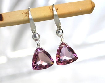 Pink Earrings, Kunzite Pink Quartz, Sterling Silver, Purple, Rose Pink Topaz Quartz, Petite, Simple Lightweight, Trillion Cut - Zinfandel